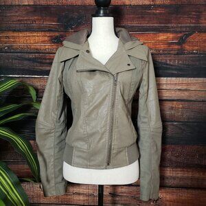 Jack Moto Bomber Jacket M Hooded Asymmetrical Zip Lined Beige Faux Leather
